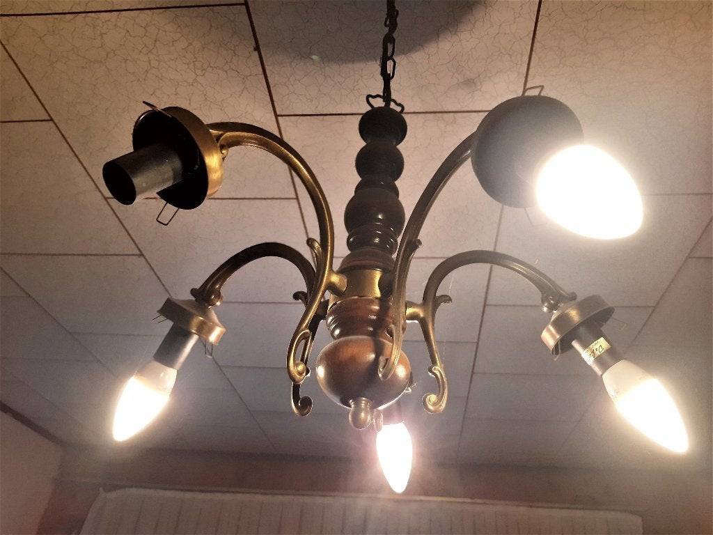 2 Vintage retro antieke luster met 5 lampen ,1 met 3 lampen., Ophalen