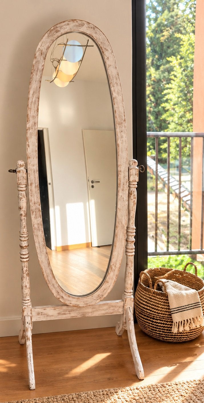 Miroir psyché sur pied – bois patiné – 153 cm, Utilisé, 50 à 75 cm, Ovale, 150 à 200 cm