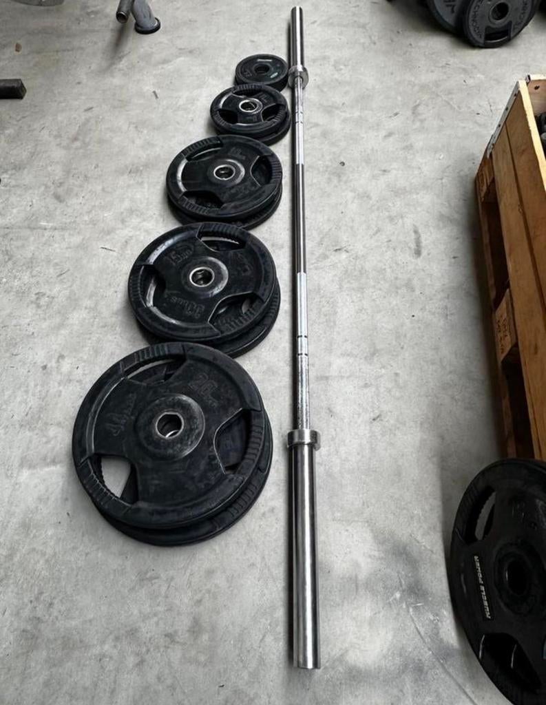 105kg Olympische Gewichten + Olympische Barbell 220cm, Sport en Fitness, Fitnessmaterialen, Ophalen, Gebruikt, Halterschijven