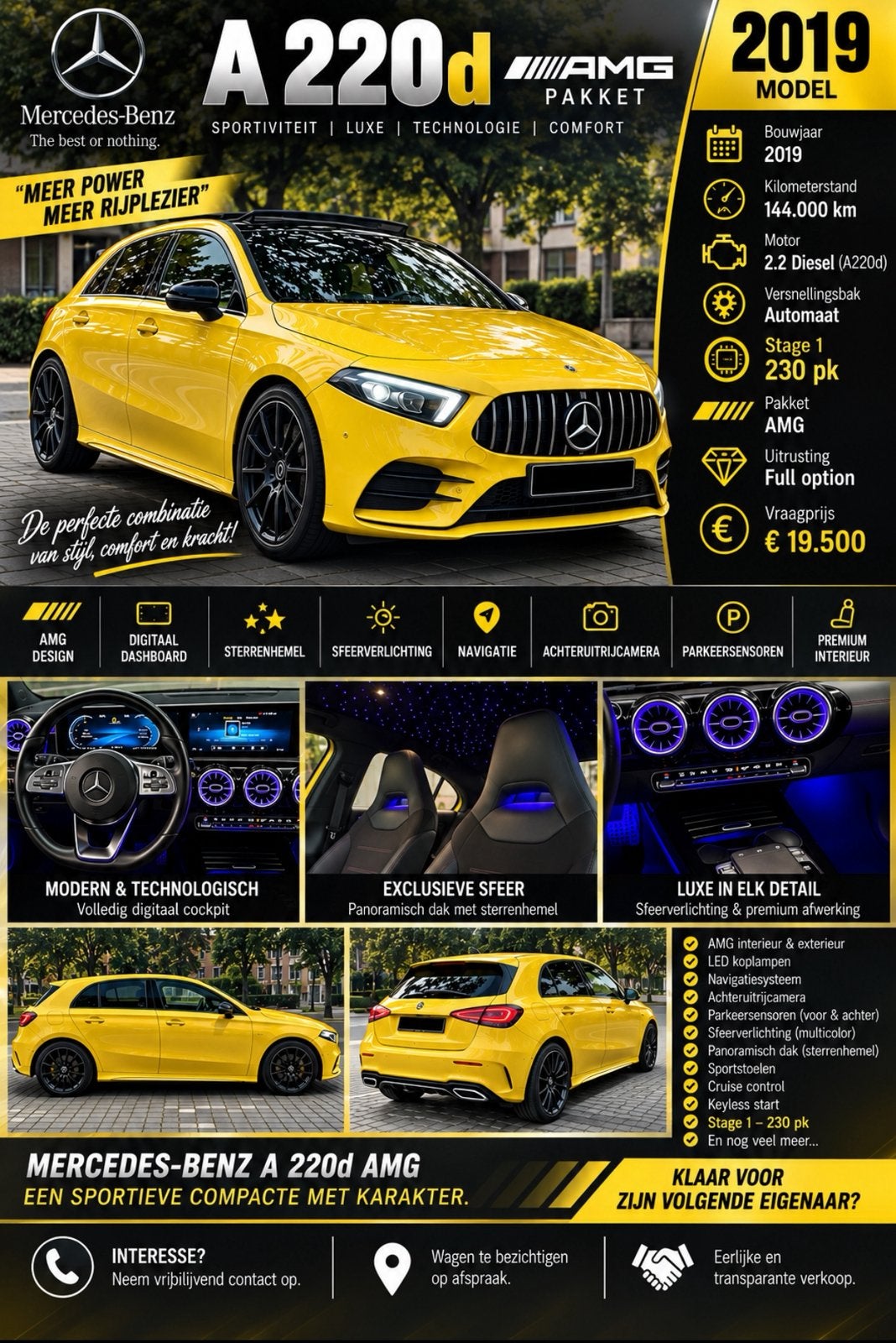 Mercedes A220d Amg Pakket, Achat, Entreprise, Jaune, Noir