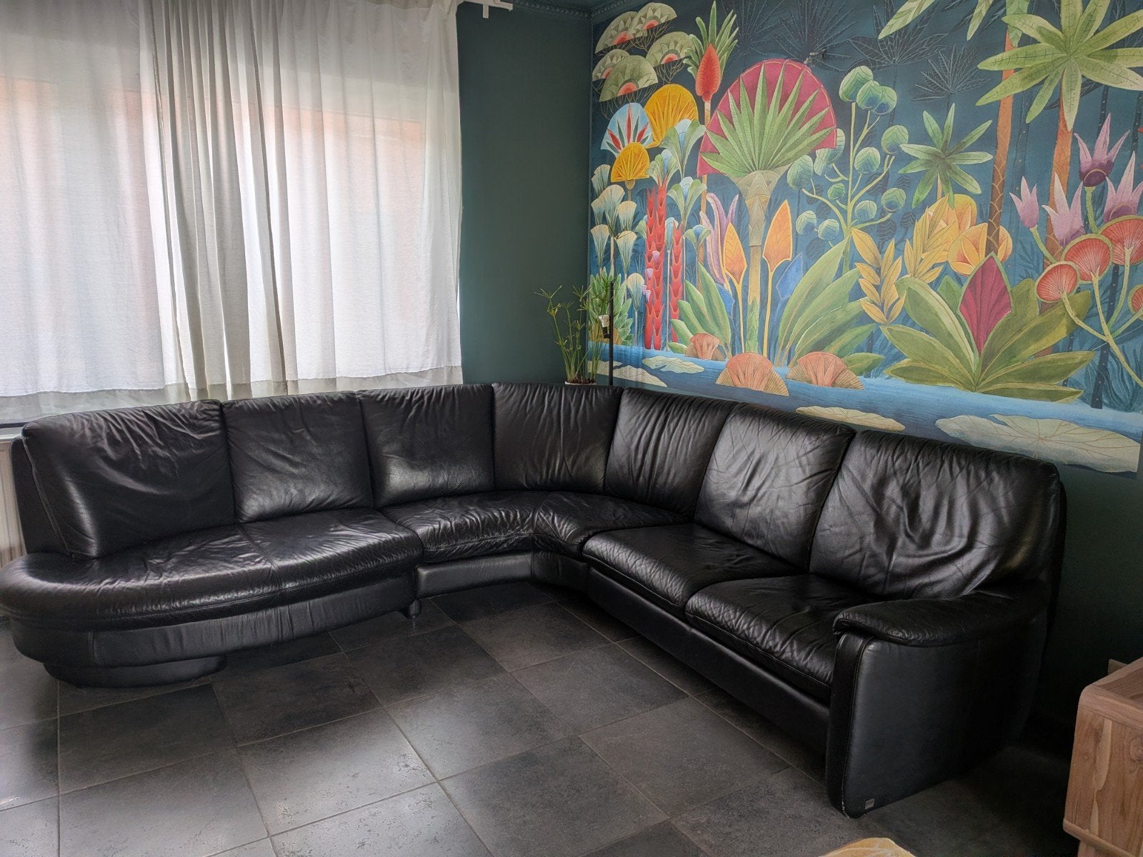 Canapé d'angle en cuir véritable, noir, 5 à 6 places., Enlèvement, Utilisé, Cuir, Moderne