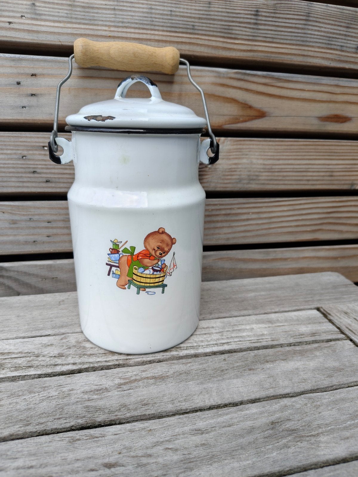 magnifique pot à lait émaillé vintage rétro avec appareil po, Enlèvement ou Envoi