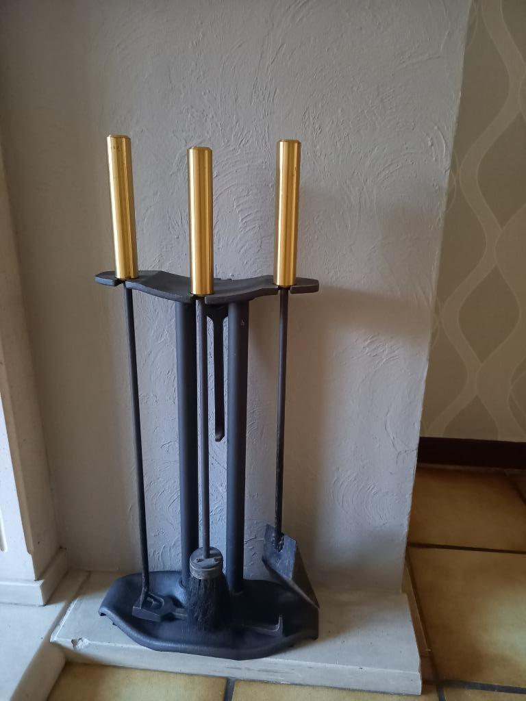 Haardstel chroom/zwart met gietijser stander, Enlèvement ou Envoi, Comme neuf