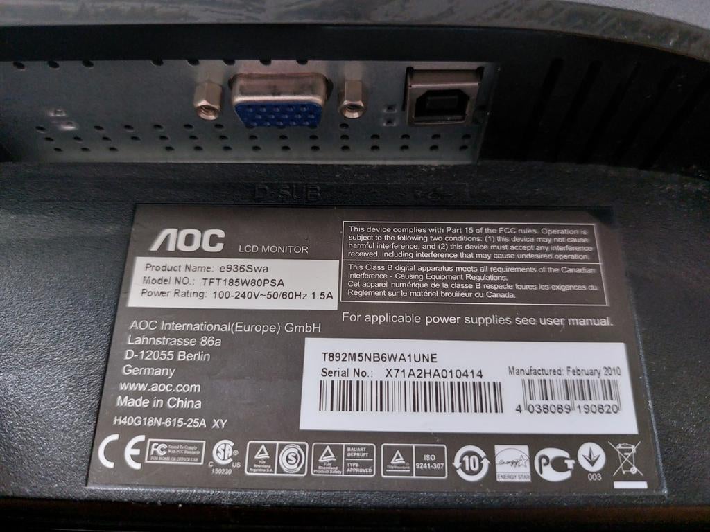 Écran pour pc AOC e936Swa en très bon état, Informatique & Logiciels, 18,5, Enlèvement ou Envoi, Comme neuf, AOC