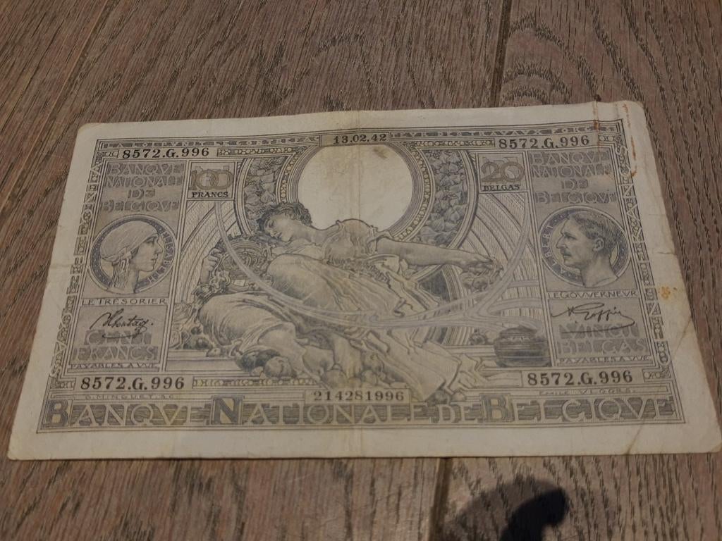 Ancien billet belge - 20 Belgas - 100 franc, Enlèvement ou Envoi