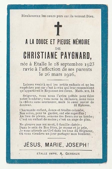 Décès Christiane PAYGNARD Etalle 1923 -1926 (enfant - 3 ans), Envoi, Image pieuse