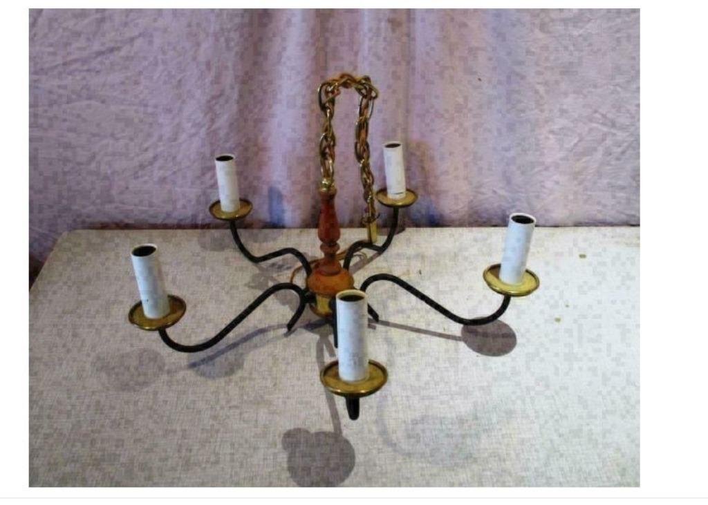 Joli Lustre Rétro en bois et métal et 5 points lumineux, Antiquités & Art, Enlèvement ou Envoi