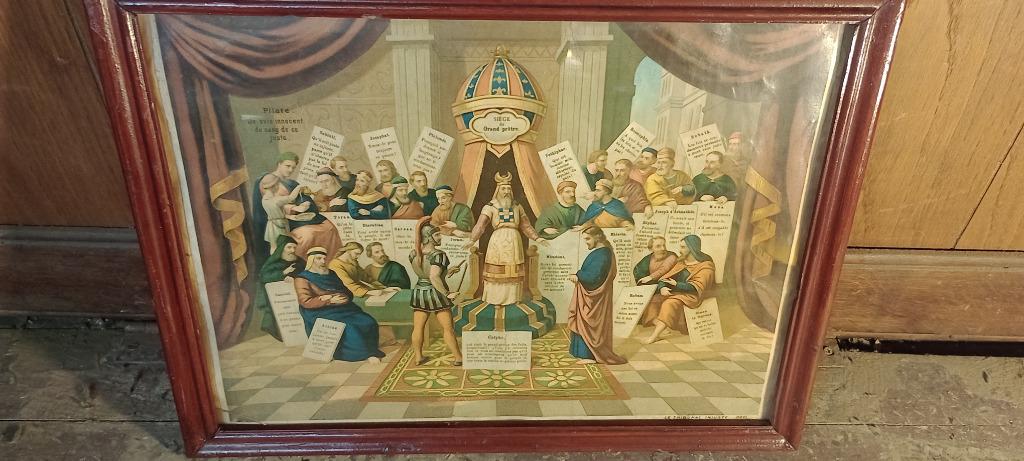 Gravure religieuse polychrome,Le tribunal injuste,48x37,n192, Antiquités & Art, Art | Eaux-fortes & Gravures, Gravure, Religion