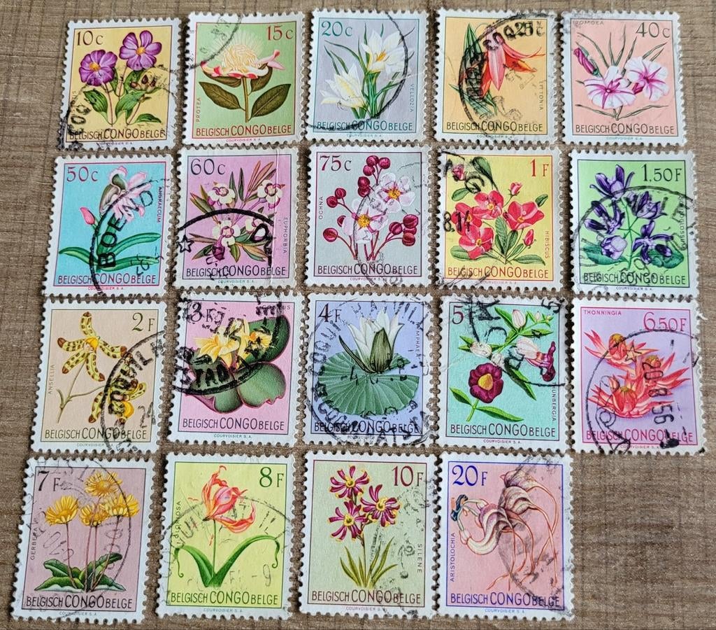 19 oude postzegels: Belgisch-Congo - bloemen, Enlèvement ou Envoi, Autres pays, Affranchi