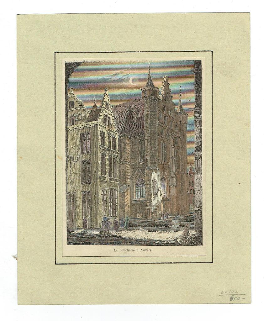Antiquité-Ancienne gravure paysage urbain d'Anvers (Verzam-0, Antiquités & Art, Enlèvement ou Envoi