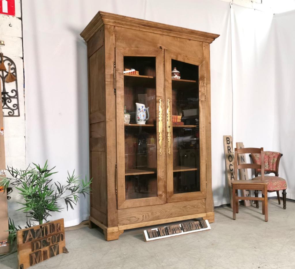 Antieke Franse boekenkast zware geloogde eik H 220 B 131 D60, Ophalen, 100 tot 150 cm, 200 cm of meer, Eikenhout