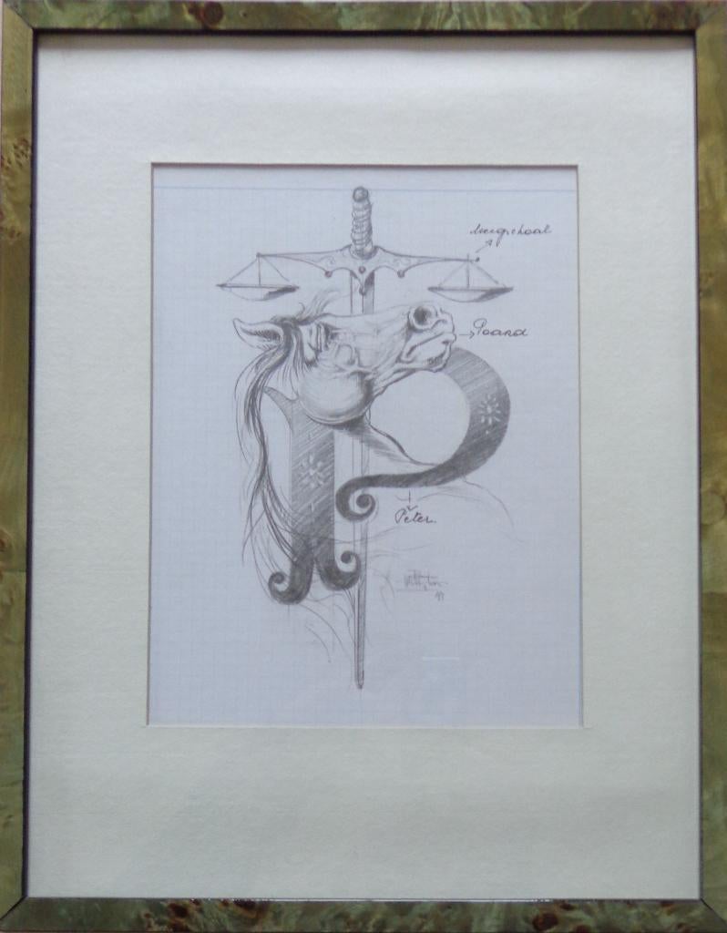 ROGER VAN BELLEGHEM / SYMBOLEN / ORIGINEEL / 41x32cm / KADER, Antiek en Kunst, Kunst | Tekeningen en Fotografie, Ophalen of Verzenden