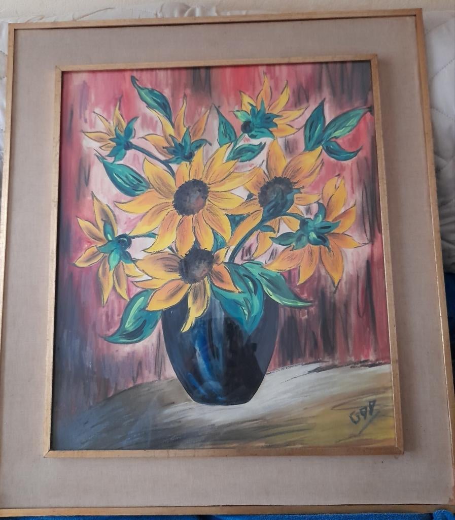Schilderij zonnebloemen in vaas, Antiek en Kunst, Ophalen