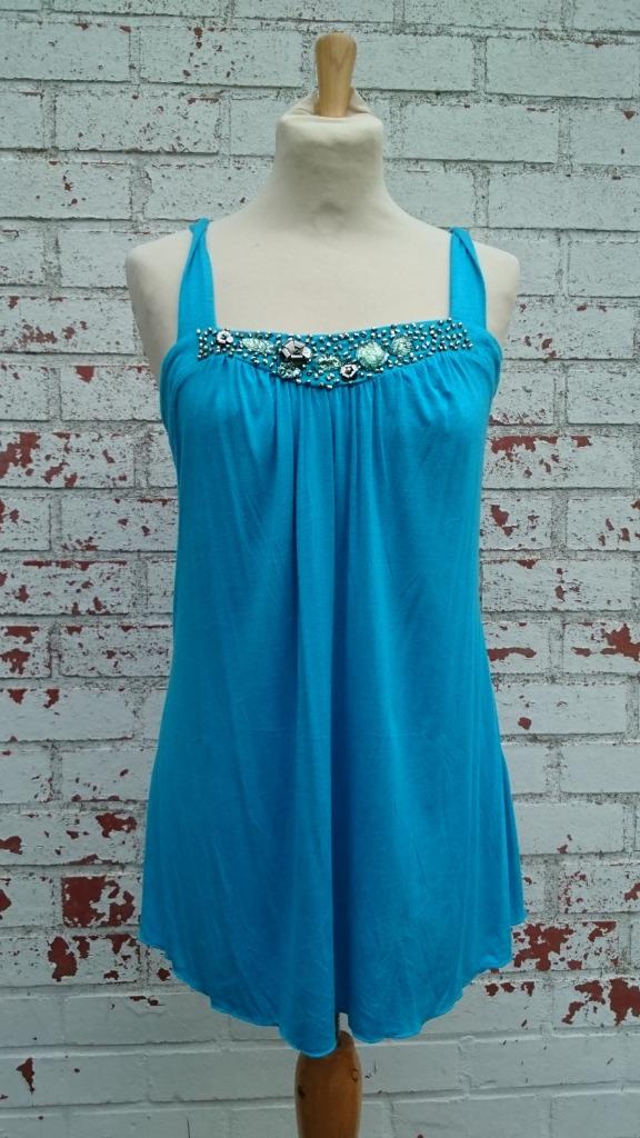 bain de soleil/tuniek/lang topje turquoise + strass, Ophalen of Verzenden, Gedragen, Maat 38/40 (M), Blauw