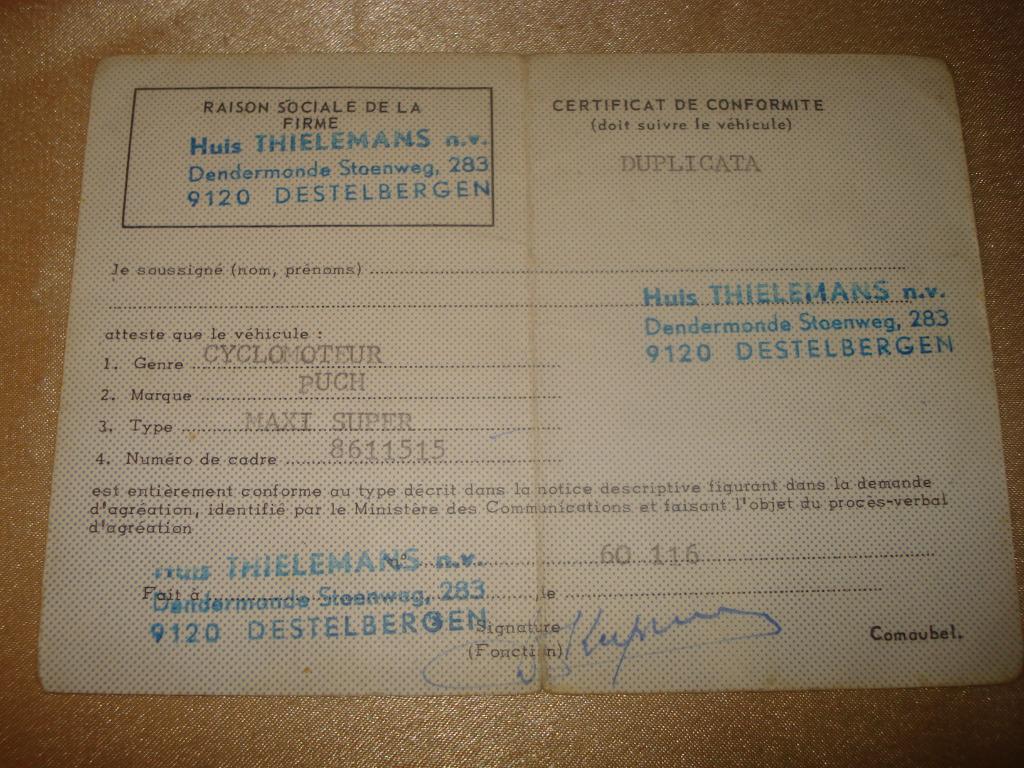 Ancien Certificat Conformité Cyclomoteur Puch Maxi Super, Motoren, Ophalen of Verzenden, Overige merken