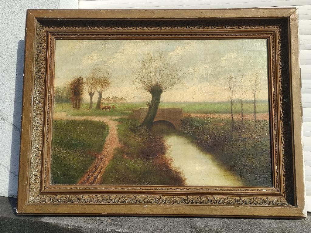 Huile sur toile paysage avec saules signe, Enlèvement