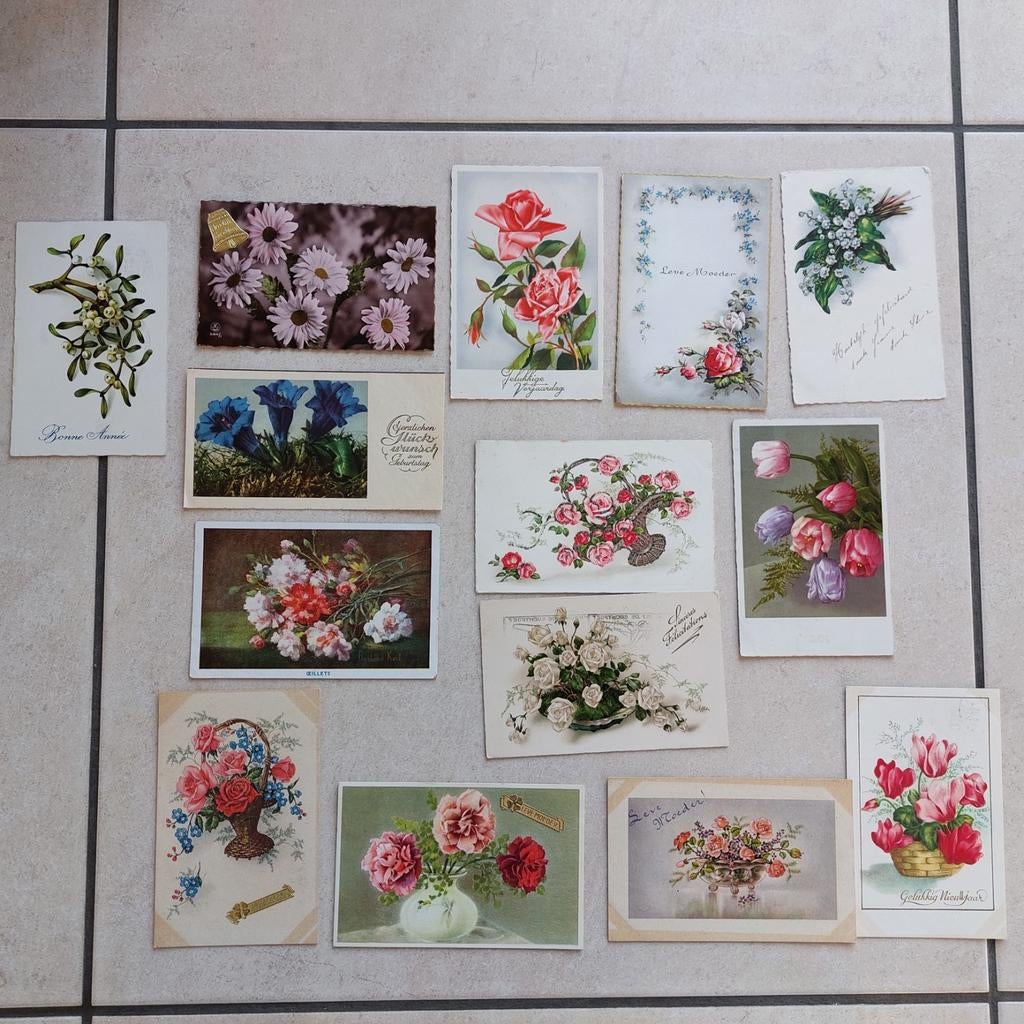 Lot oude wenskaarten met bloemen, Ophalen of Verzenden