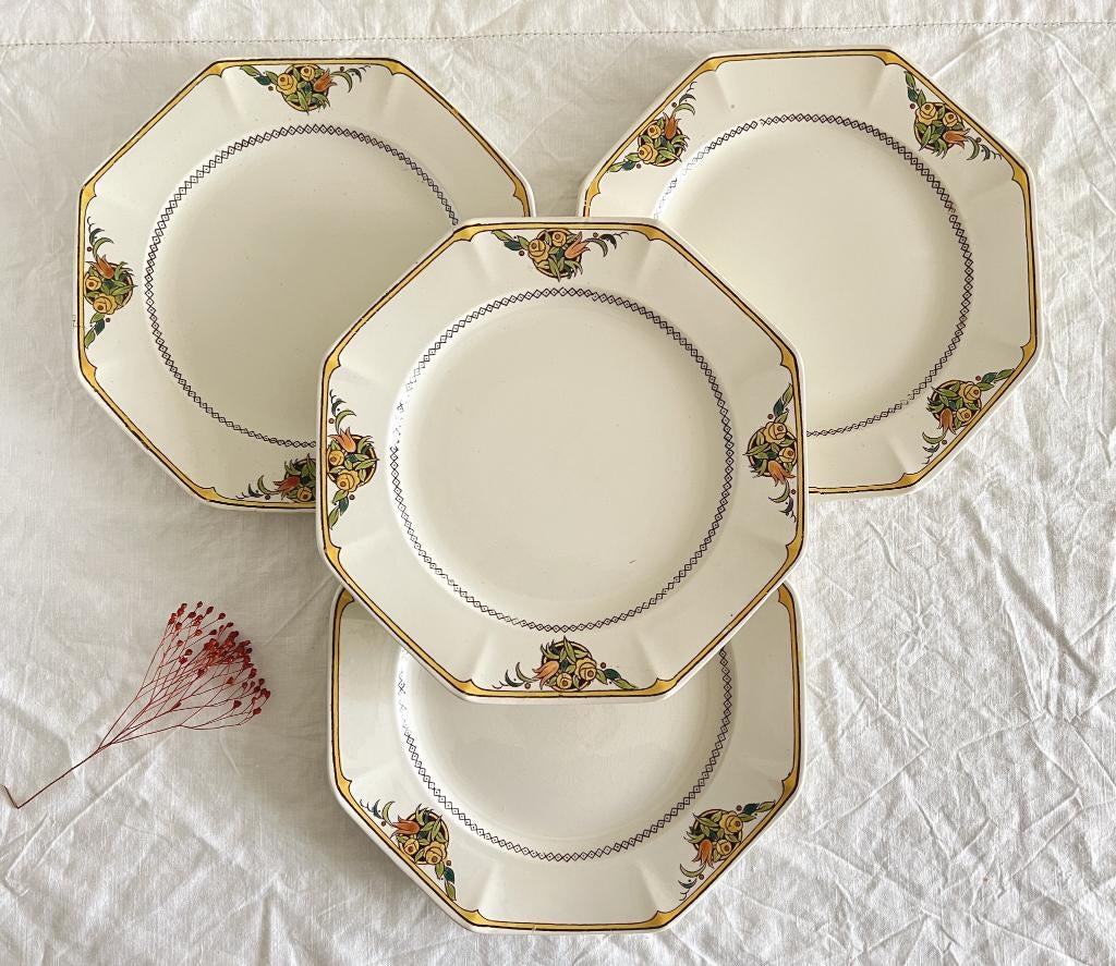 Lot de 4 assiettes plates Boch Art déco (décor 1206), Enlèvement ou Envoi