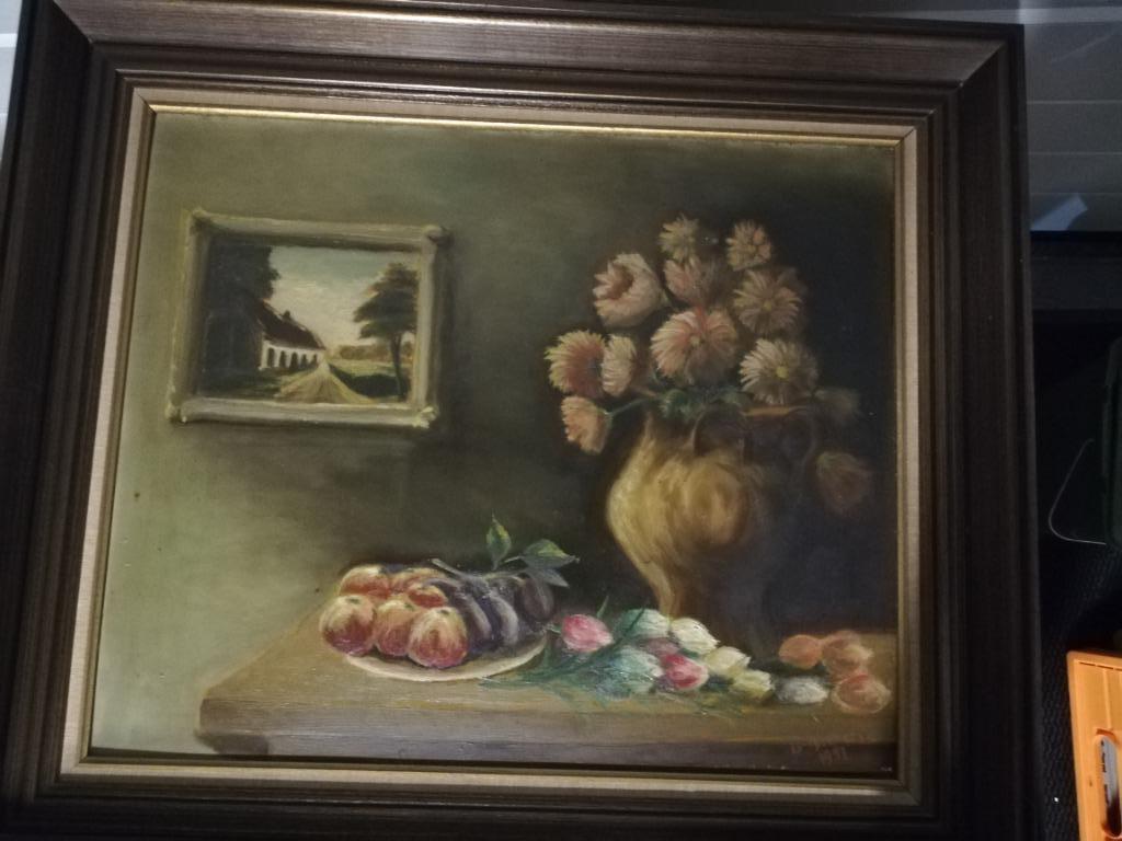 * Oud schilderij: Fruitschaal en bloempot, Antiek en Kunst, Ophalen of Verzenden