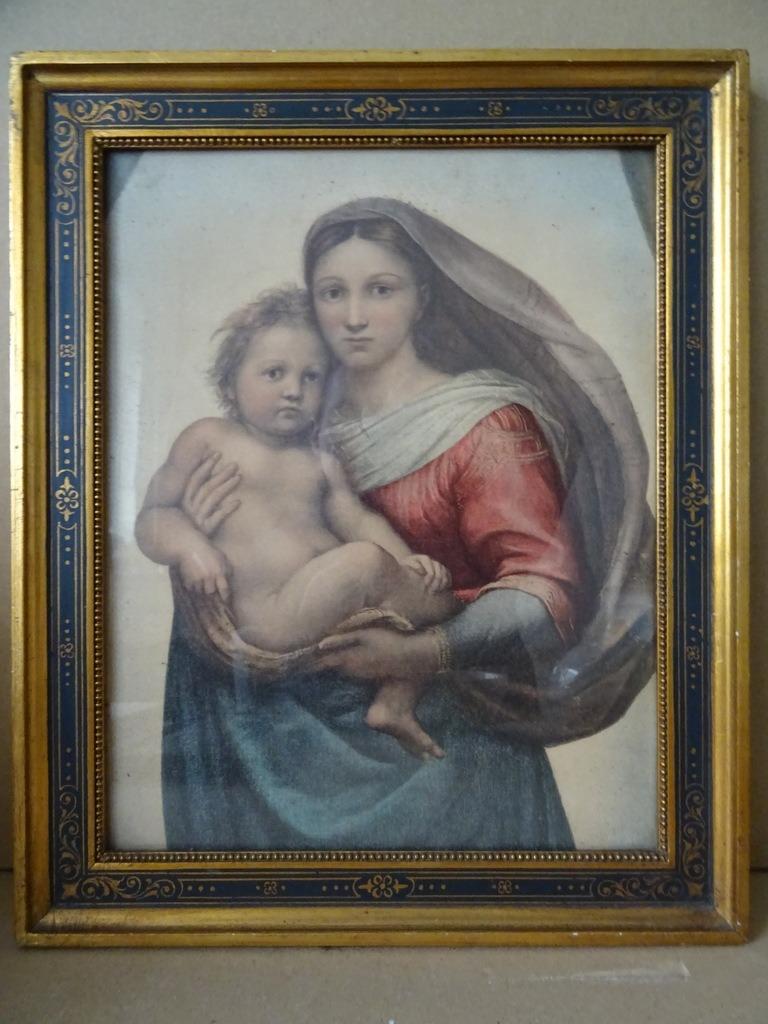 Impression ancienne de la Vierge Sixtine de Raphaël 28x34cm, Antiquités & Art, Enlèvement ou Envoi