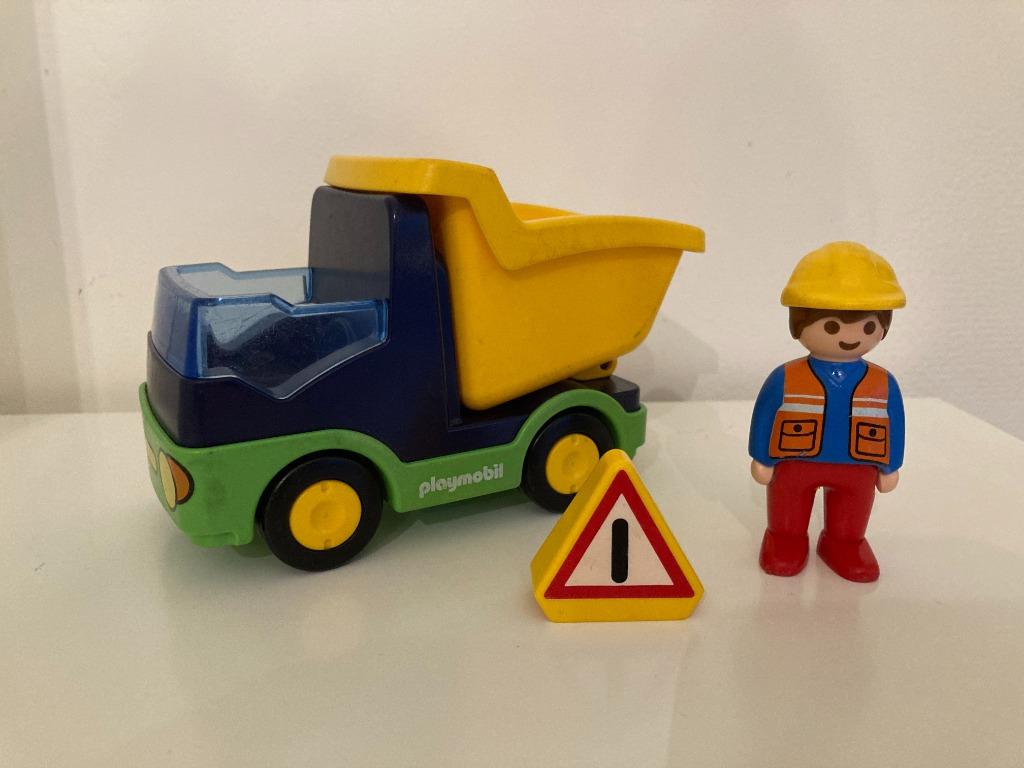 Playmobil 1.2.3 - Vrachtwagen + werkman + verkeersbord, Enlèvement ou Envoi, Utilisé, Ensemble complet