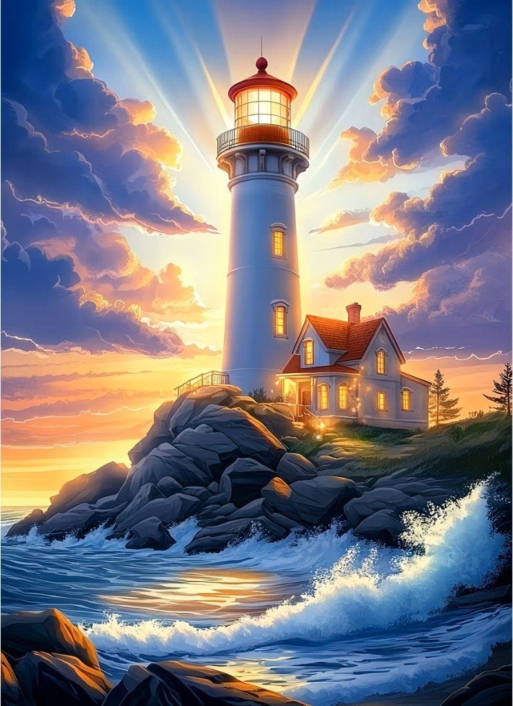 50x40cm Diamond Painting vuurtoren zonlicht (vierkant) nr 21, Hobby en Vrije tijd, Zee en Strand, Verzenden, Nieuw, Meerkleurig