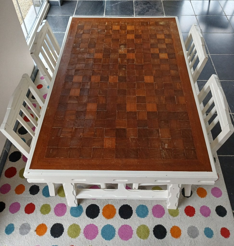 Eettafel in parquetry/mozaïek look + 4 stoelen (shabby chic), 100 à 150 cm, Quatre personnes, Chêne, Brocante/ chabby chic