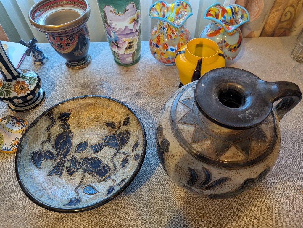 Lot pichet et coupe grès Guérin Bouffioulx sgraffite oiseaux, Antiquités & Art, Antiquités | Céramique & Poterie, Enlèvement ou Envoi