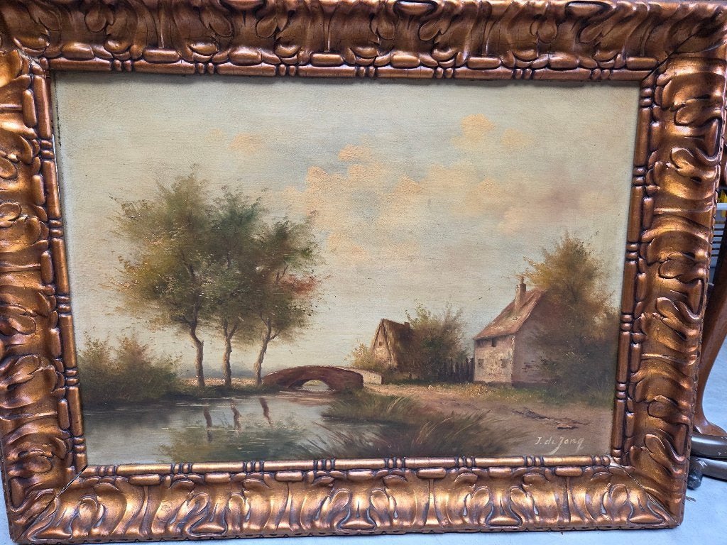 J De Jong : « Pont sur la rivière », Antiquités & Art, Art | Peinture | Classique, Peinture à l'huile, Panneau, Paysage, Enlèvement