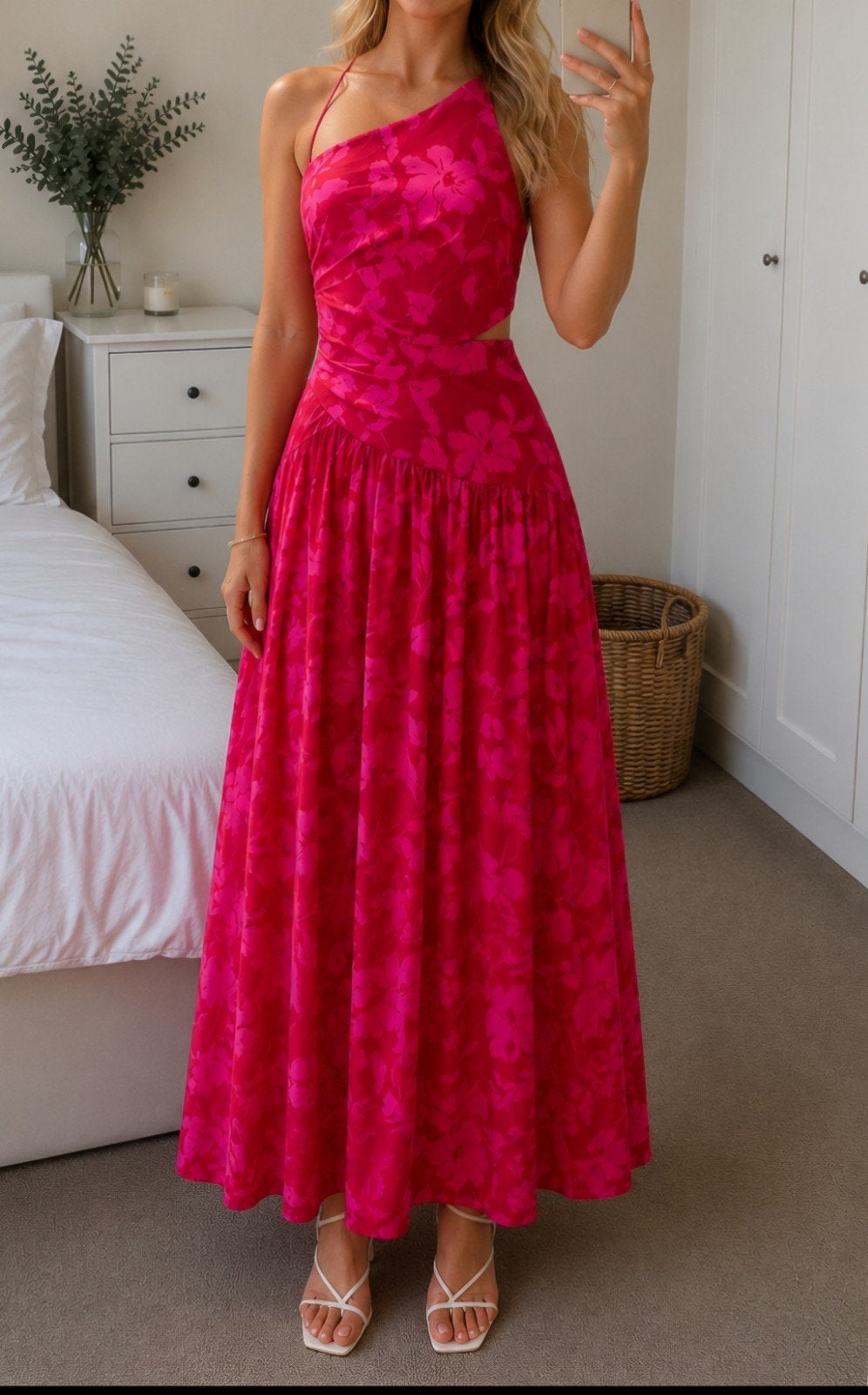 Roze bloemenjurk met one-shoulder detail | Nieuw | Maat M (E, Kleding | Dames, Gelegenheidskleding, Maat 38/40 (M), Overige typen