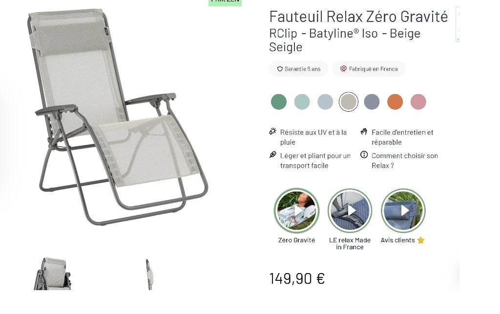 Lafuma Mobilier - Relax fauteuil Zero Gravity, Ophalen, Zo goed als nieuw, Verstelbaar