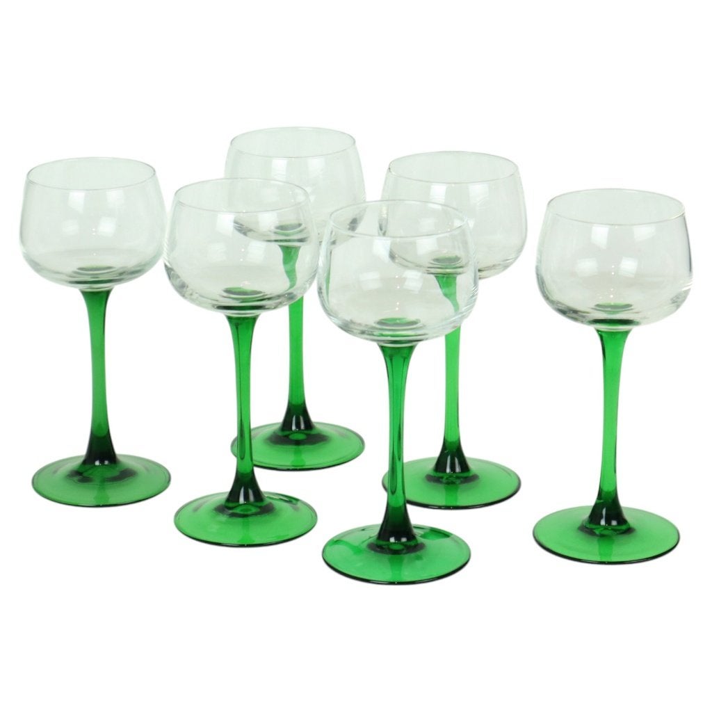 Set Van 6 Vintage Luminarc Elzas Wijnglazen Groene Voet, Verzamelen, Glas en Drinkglazen, Zo goed als nieuw, Overige typen, Ophalen of Verzenden