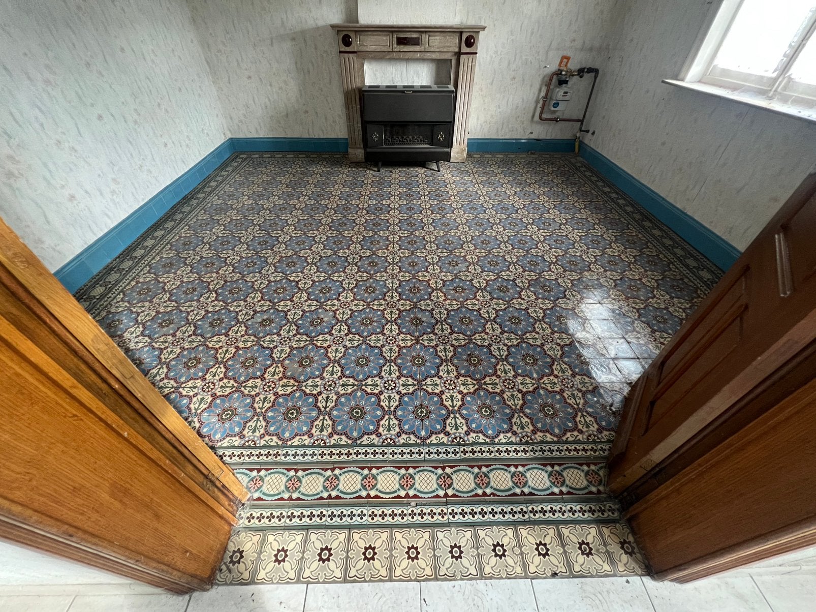 Authentieke vintage vloertegels met blauw bloemenmotief, Ophalen, Gebruikt, 10 m² of meer, Vloertegels