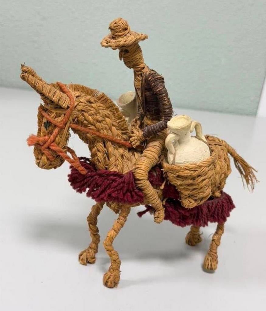 Handgemaakt vintage rieten ezel met rijder folkloristisch, Antiek en Kunst, Ophalen of Verzenden