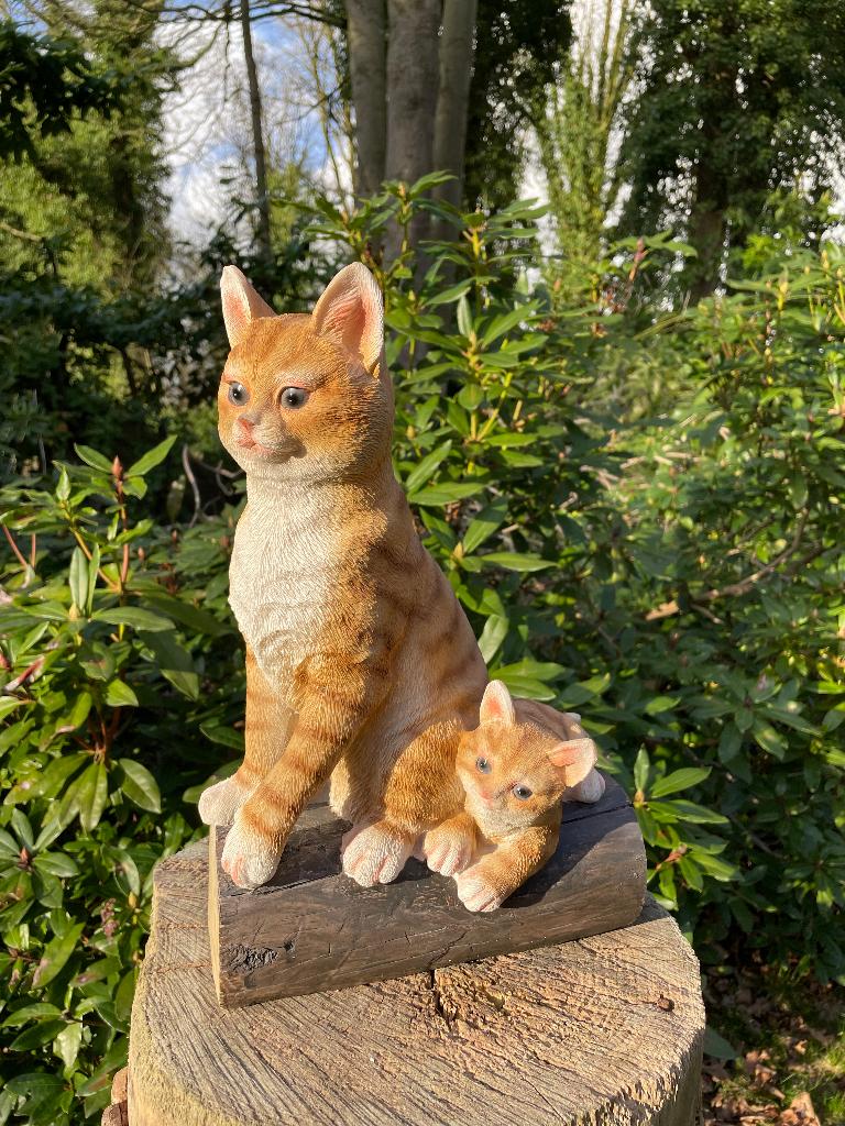 Poes, kitten, boomstronk, tuin, gazon, boerderij 37cm, Ophalen of Verzenden, Nieuw, Kunststof, Dierenbeeld