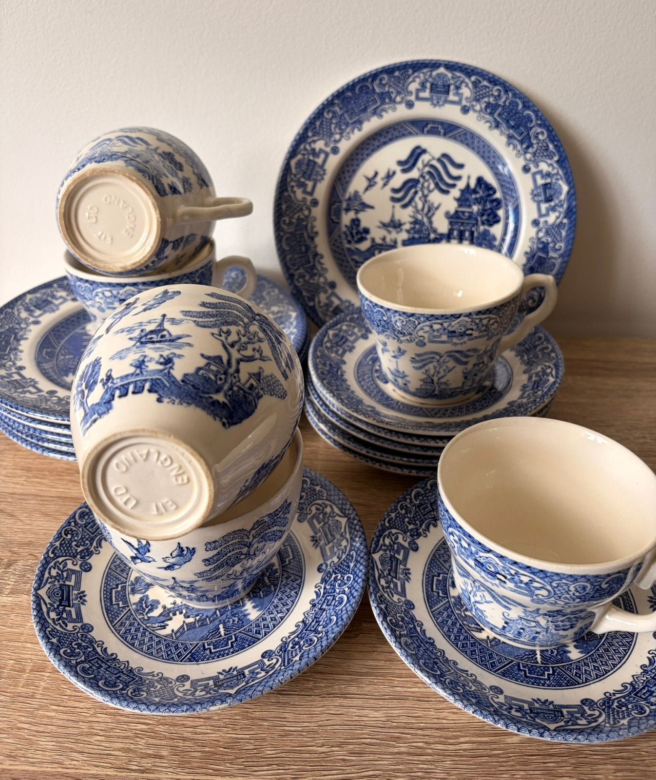 Vintage Engels Ironstone koffie/theeset blauw-wit – 18-delig, Enlèvement ou Envoi