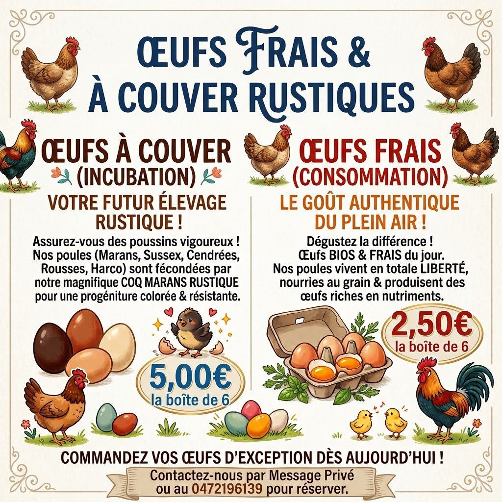 Oeuf frais de Cendrées, Rousses, Marans, Sussex, Harco, Envoi, Autres types