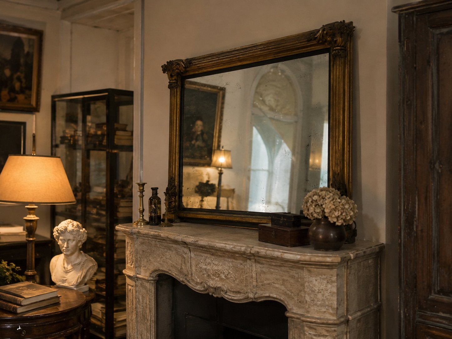 Grand miroir cheminée ancien doré Louis XVI antiquité 18eme, Enlèvement, Rectangulaire, 100 à 150 cm, 100 à 150 cm