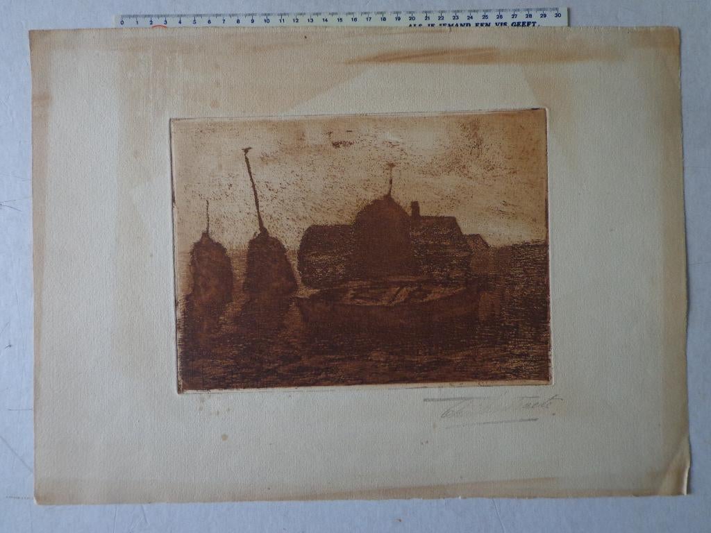 ets in bister van Theodoor Verstraete "Hooioppers", Antiek en Kunst, Kunst | Etsen en Gravures, Ets, Gesigneerd, Landschap, 1900 - 1949