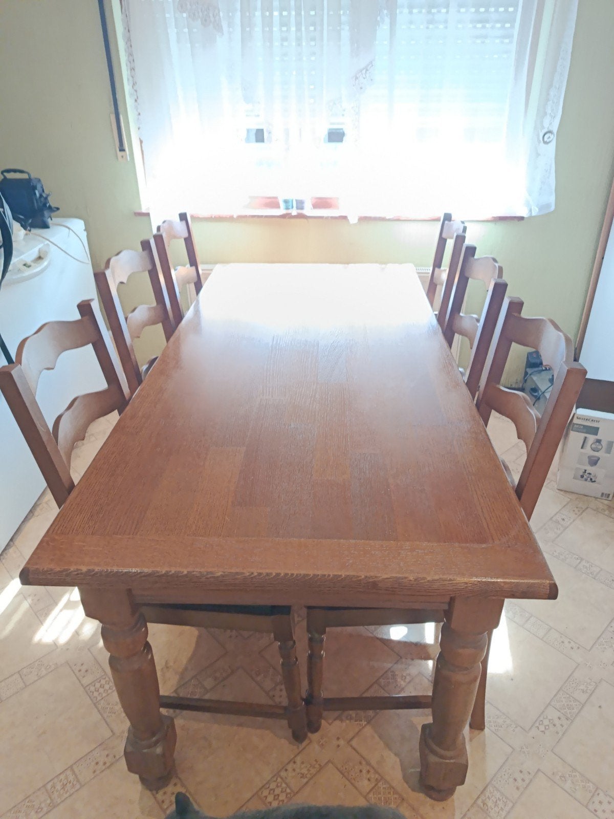 massief eiken eettafel met 6 stoelen, Ophalen, Gebruikt, 6 tot 8 stoelen
