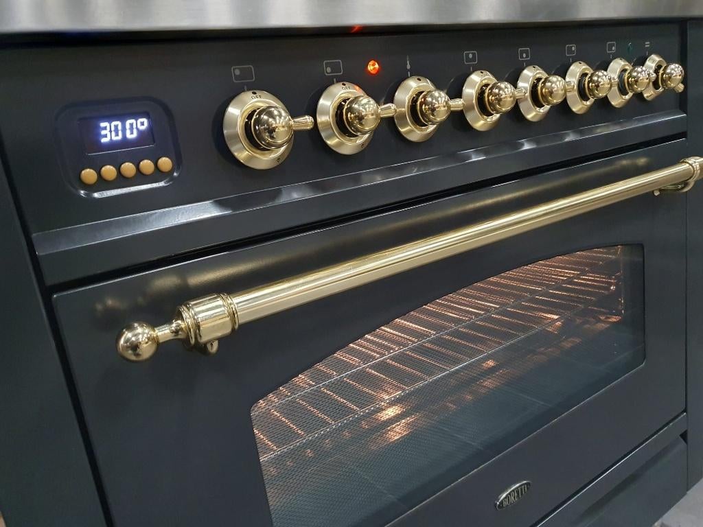 🔥Luxe Boretti Fornuis 90cm antraciet messing 6 pit 300° ove, Ophalen, 60 cm of meer, Zo goed als nieuw, Energieklasse A of zuiniger