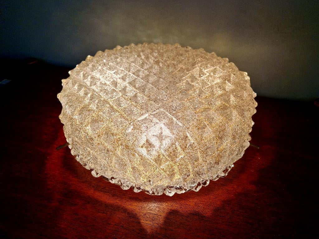 Grand plafonnier en laiton et verre givré, Hillebrand, 1970, Enlèvement ou Envoi