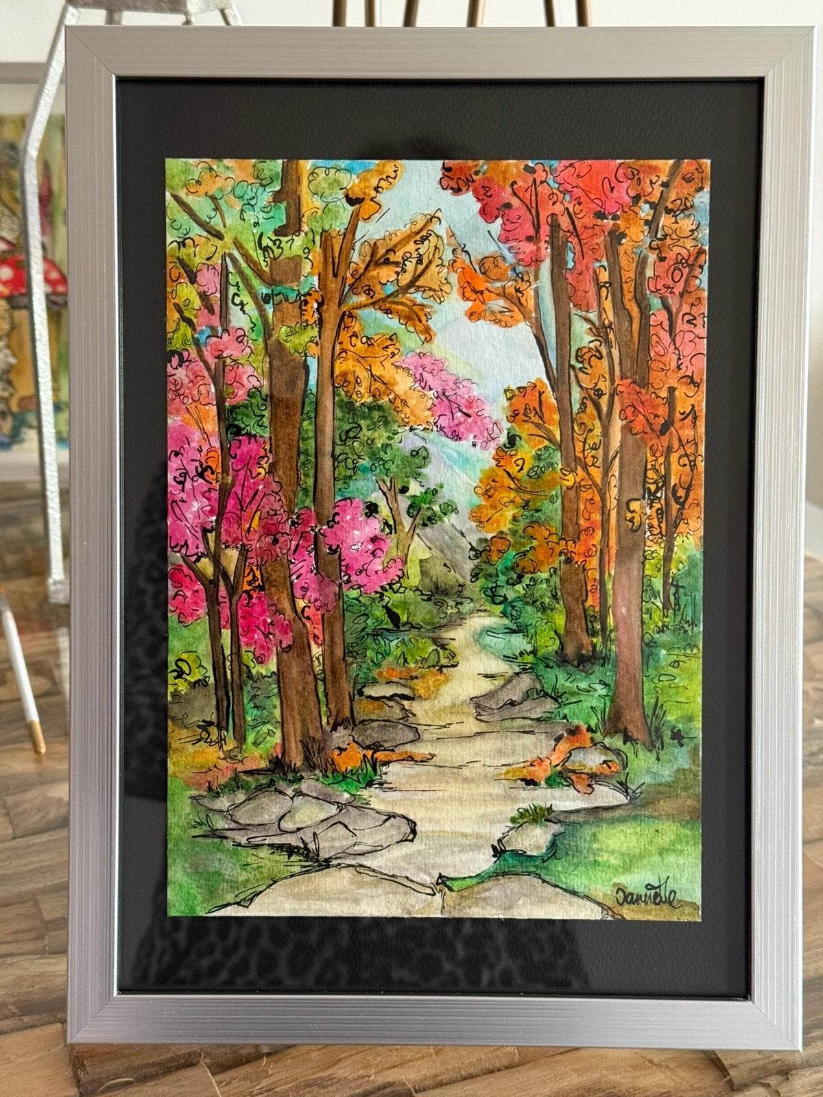 Forêt d'automne, Aquarelle, Paysage, Peint à la main, Envoi