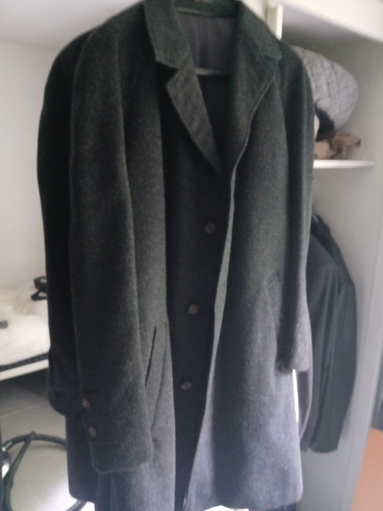 Donkergrijze lange wollen jas maat XL, Kleding | Heren, Jassen | Winter, Ophalen, Maat 56/58 (XL)