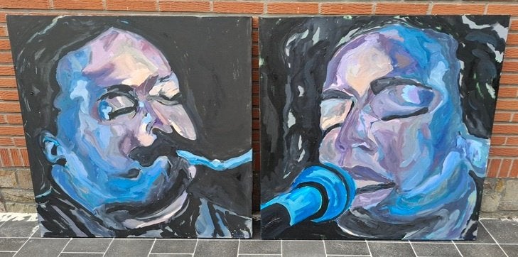 2 schilderijen van muzikanten (door kunstenares 9 van Eeklo), Antiquités & Art, Art | Peinture | Moderne, Enlèvement, Bois, Signé