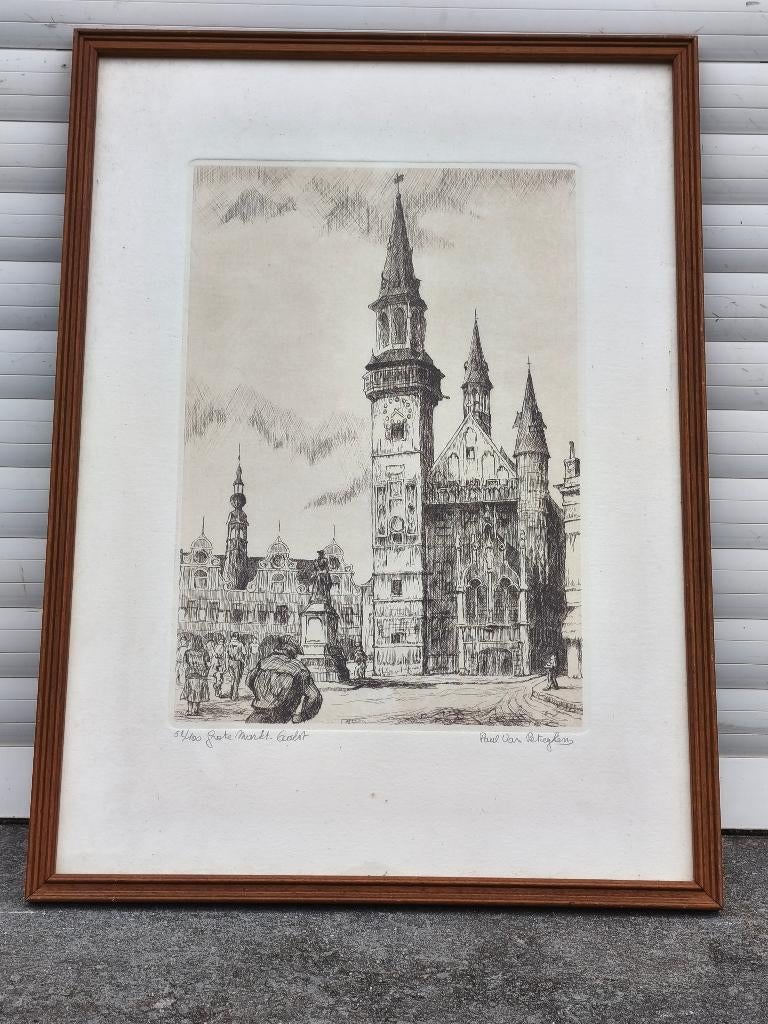 Gravure grote markt signe Paul van peteghen, Antiek en Kunst, Kunst | Etsen en Gravures, Ophalen of Verzenden, Gravure
