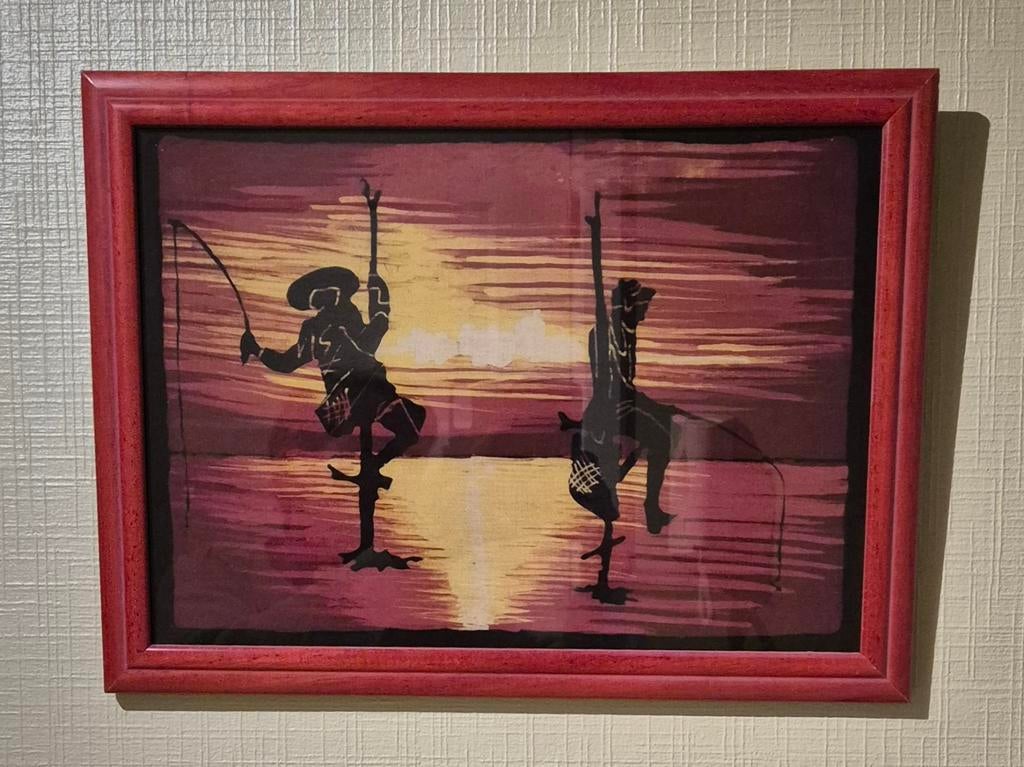 Mooie rode kader met doek van paalvisser uit Sri Lanka, Antiek en Kunst, Ophalen
