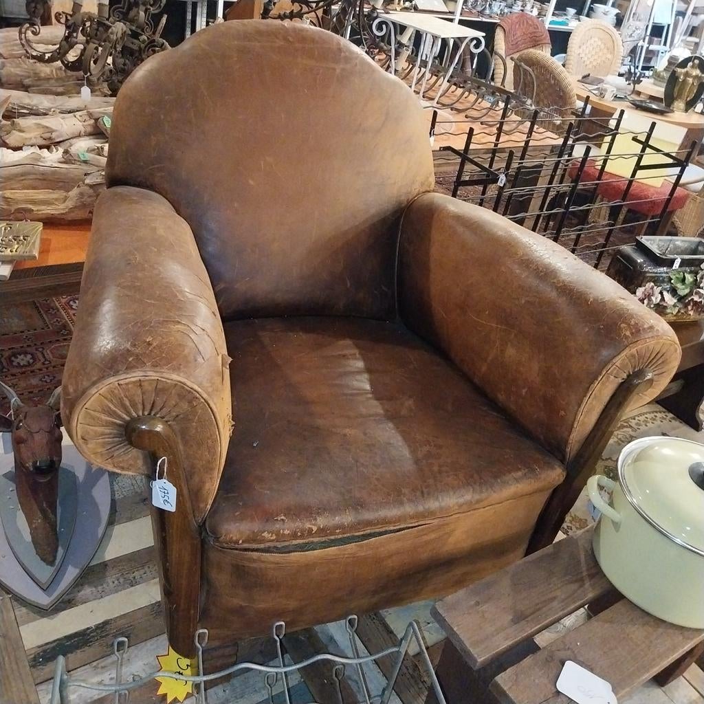 Authentieke vintage clubfauteuil / cognac lederen zetel, Huis en Inrichting, Fauteuils, Ophalen