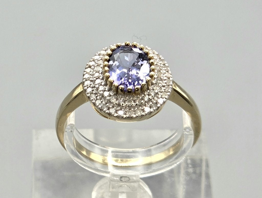 Gouden Vintage ring edelsteen tanzaniet en diamant. 2026/366, Bijoux, Sacs & Beauté, Bagues, Enlèvement ou Envoi, Femme ou Homme