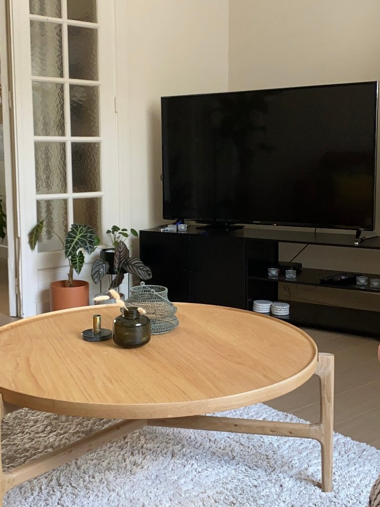 TV-meubel – zwart metaal, 2 deuren, Ophalen, Gebruikt, 100 tot 150 cm, Minder dan 100 cm